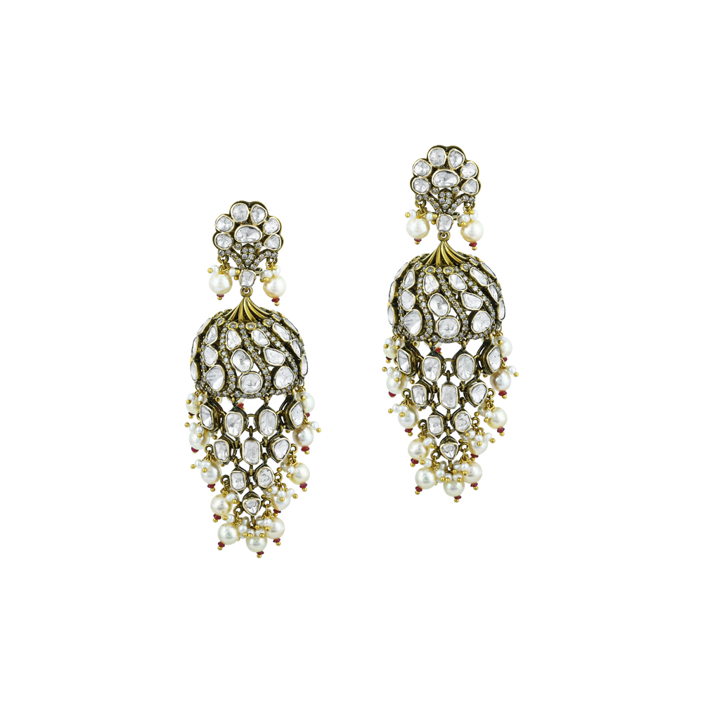 Jhumka Polki Earrings with Pearl Beads and Antique Charm